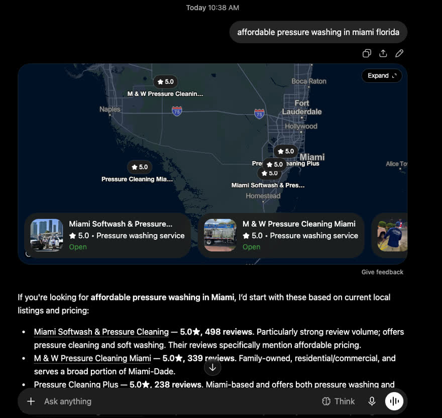 ChatGPT answering a query about affordable pressure washing in Miami, showing a map and a ranked list of five businesses with star ratings and review counts